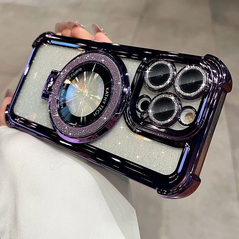 适用苹果16pro手机壳透明闪粉支架镜头全包ins风数码实用配件高级