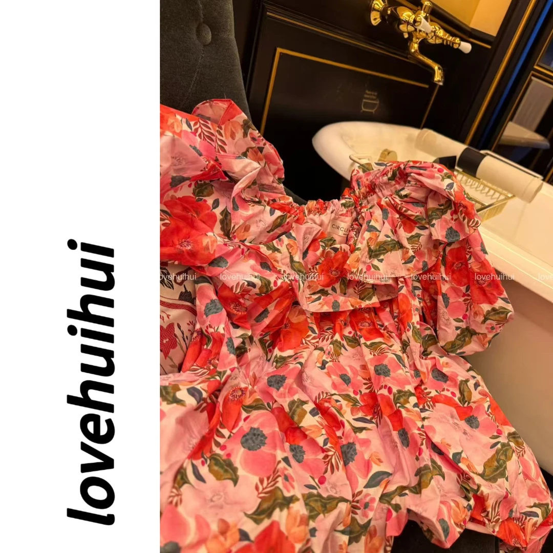 lovehuihui《花辰夕月》韩国碎花一字肩荷叶边短袖时尚衬衫显瘦