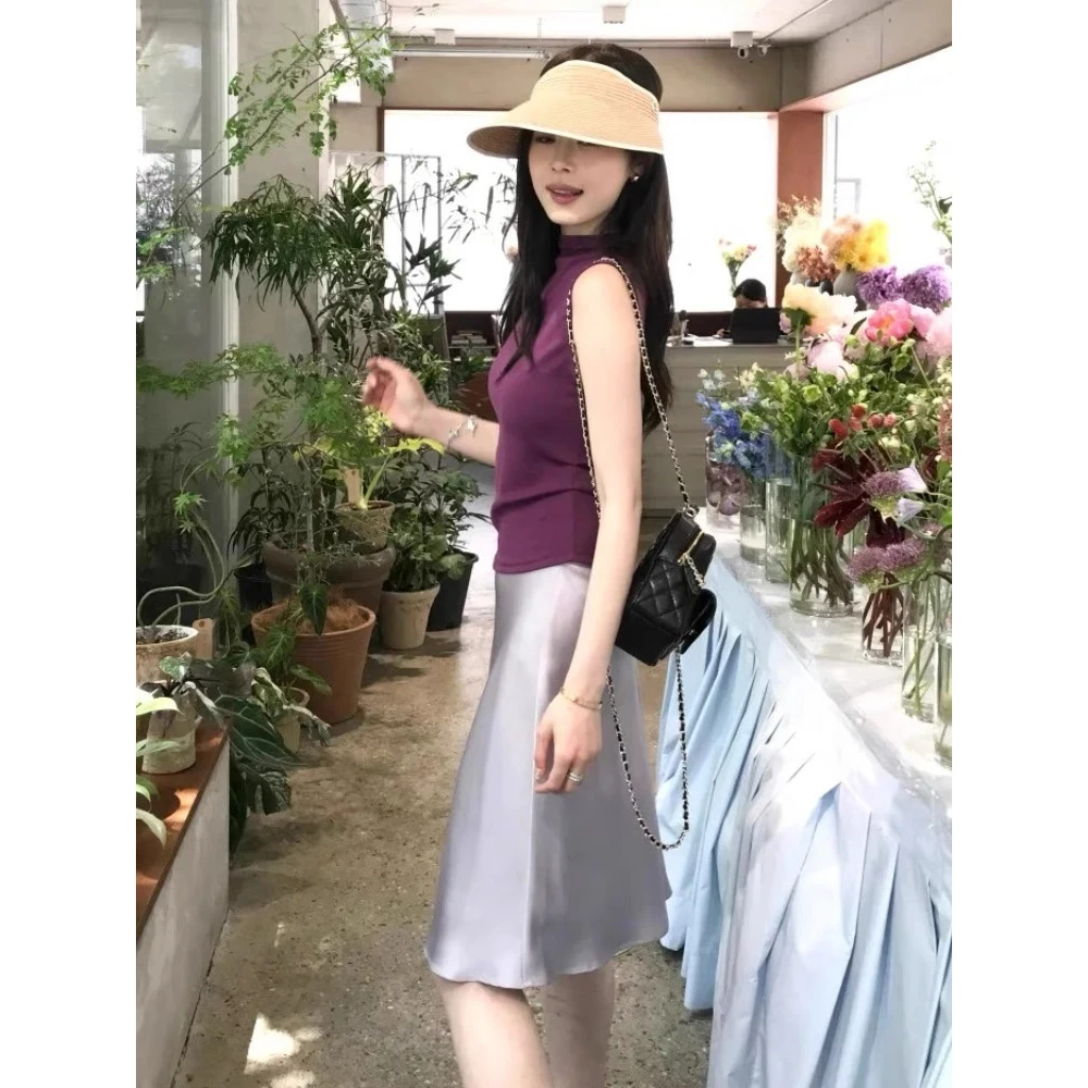 2025夏季爆款气质轻奢高级感小香风紫色无袖上衣缎面半身裙两件套