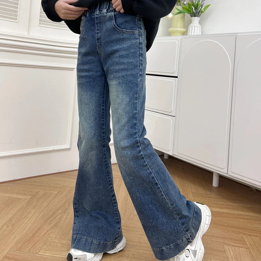 女童时尚女百搭牛仔裤夏季中腰B类C类女装高腰春秋季微喇裤