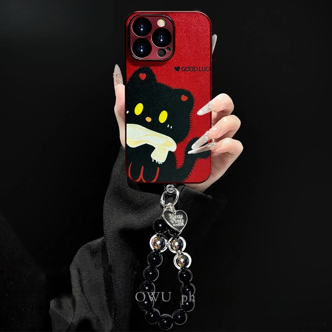 酒红可爱小猫适用苹果17电镀手小羊皮机壳华为vivo小米oppo手链