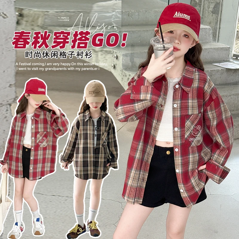 女童衬衫2025春秋新款格子衬衣中大童秋季洋气上衣女孩卡通外套潮