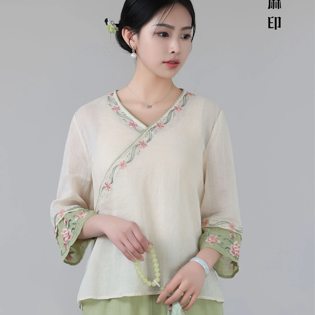 多金麻印记国风苎麻小衫刺绣夏季新中式V领上衣