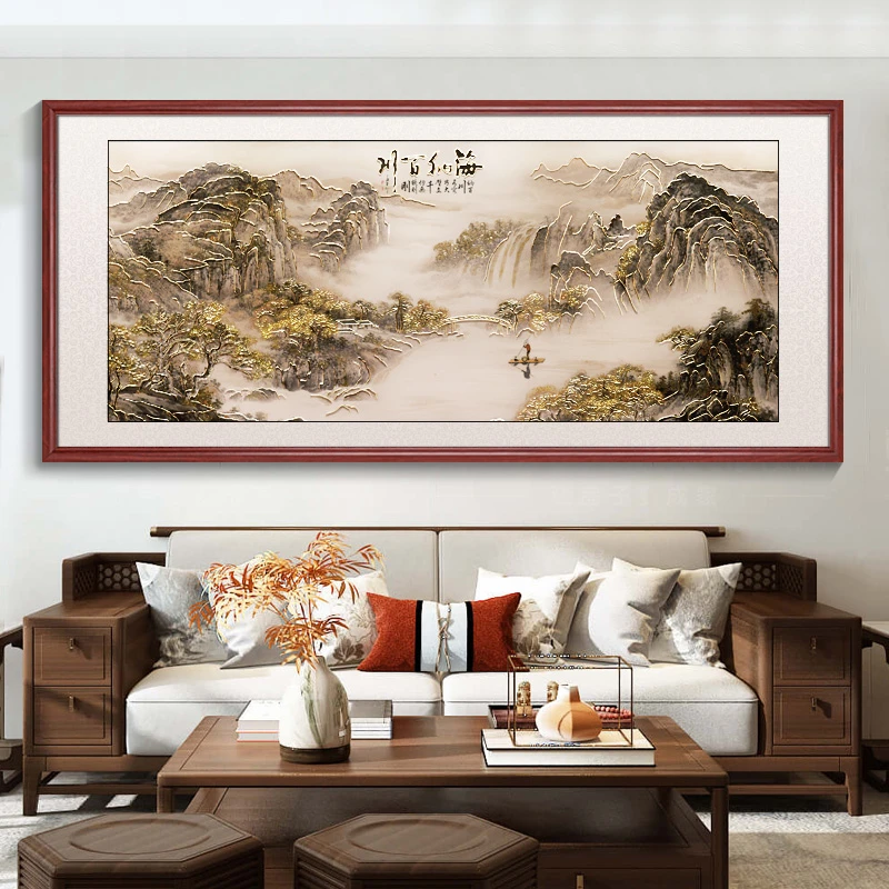 画事未了【海纳百川】鎏金画新中式喷绘国画客厅背景装饰画山水壁画