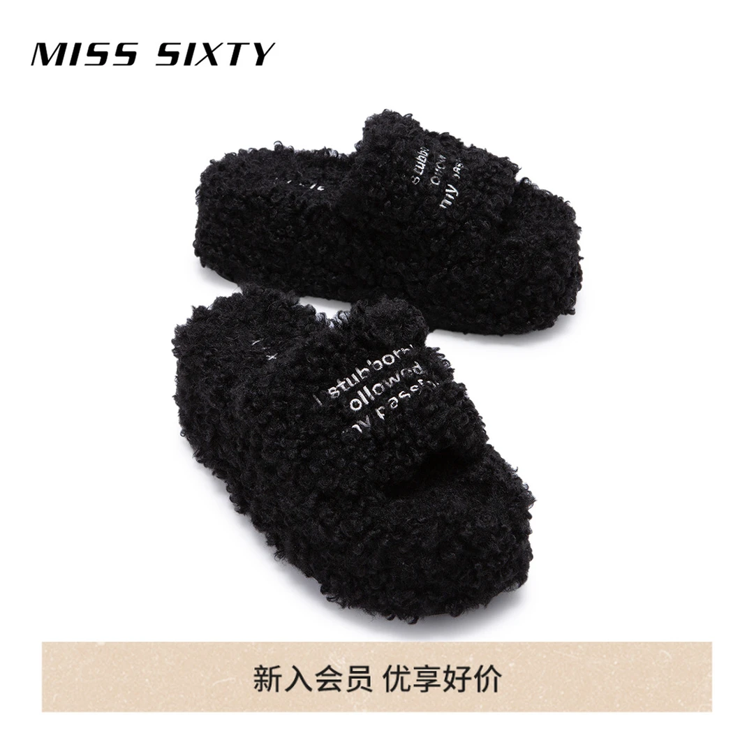 Miss Sixty春季新款毛毛拖鞋女高级感外穿一字厚底松糕鞋百搭