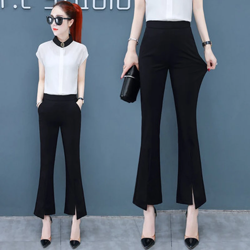 开叉黑色弹力微喇裤女夏季2025新款休闲薄款女裤高腰九分喇叭裤子