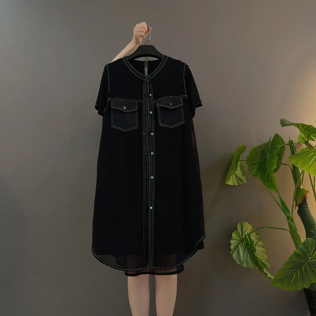 短袖夏季常规中长裙大码连衣裙T型圆领中腰单排扣拼接两件套