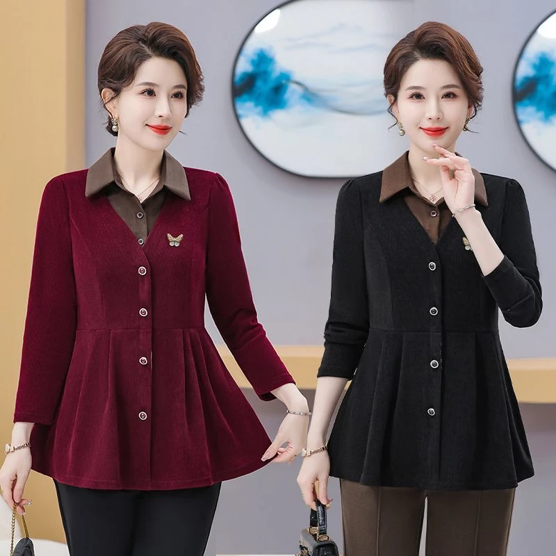 中老年女装大码春装长袖T恤女翻领上衣妈妈装打底衫假两件女上衣