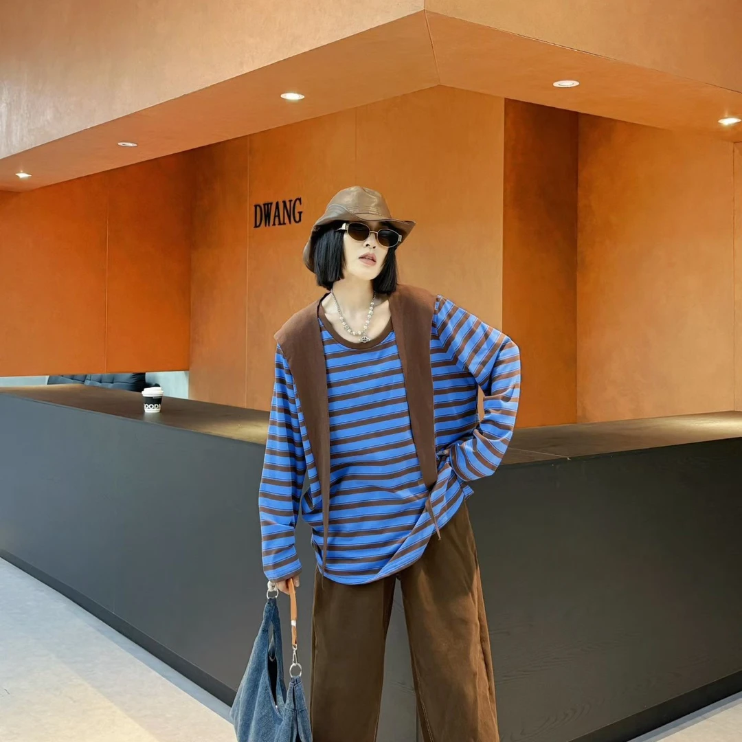 中长款女宽松型圆领大码T恤条纹长袖撞色条纹