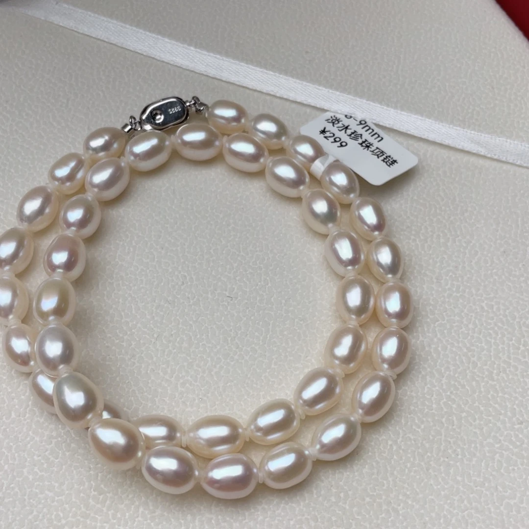 淡水珍珠银S925镶嵌颈饰8-9mm极强光无暇胖米