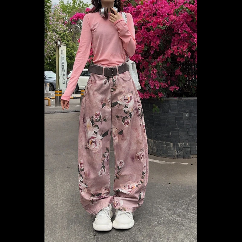 （清仓款）66556正确版本艺术感油画玫瑰牛仔弯刀裤女新款花裤子