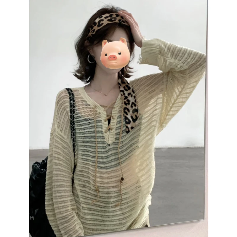 黄色V领绑带镂空冰丝防晒针织罩衫女夏季薄款宽松外搭空调衫上衣