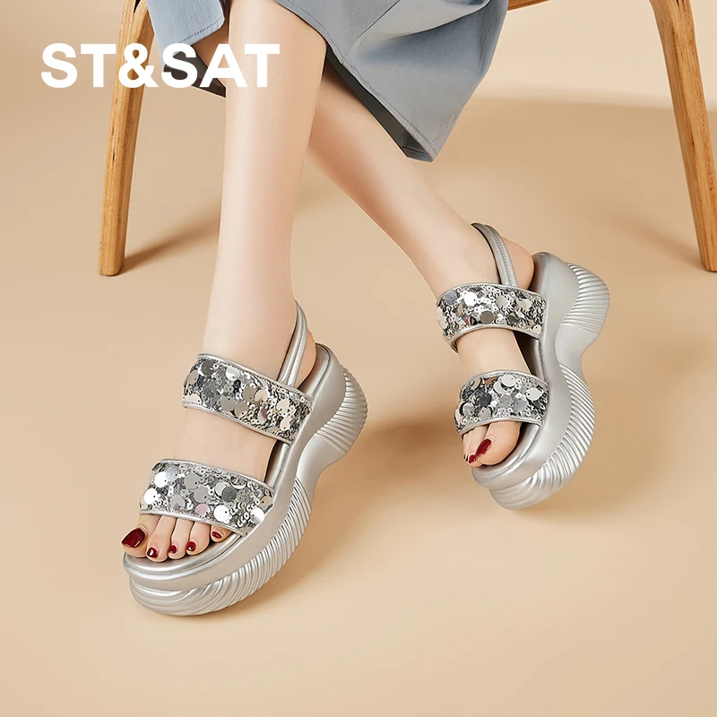 星期六韩版时尚亮片休闲凉鞋女2025夏季新款外穿沙滩鞋厚底凉拖鞋