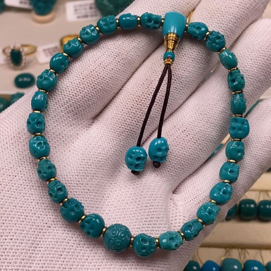 18K金镶嵌绿松石骷髅手串Aa92//6mm