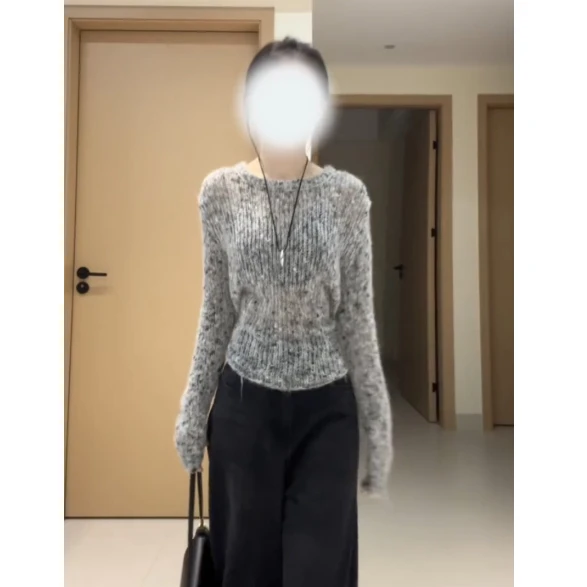 纯欲慵懒风圆领针织衫长袖T恤女装秋季后背系带镂空内搭打底上衣