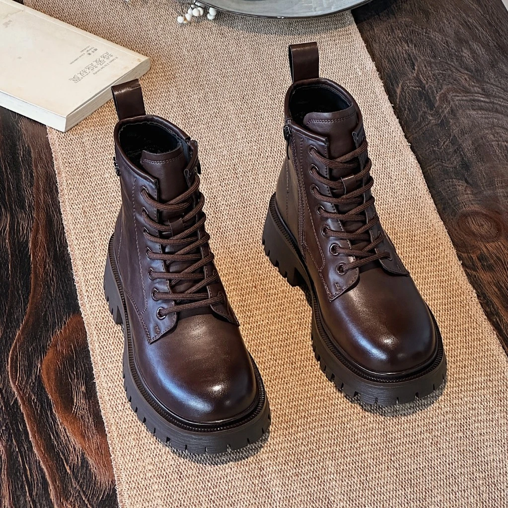 欧陌女鞋2025系带英伦冬季马丁靴秋冬女工装靴短筒靴子