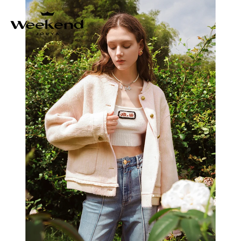 卓雅周末罗纹领毛边口袋扣饰落肩毛呢外套EJWDDQ03