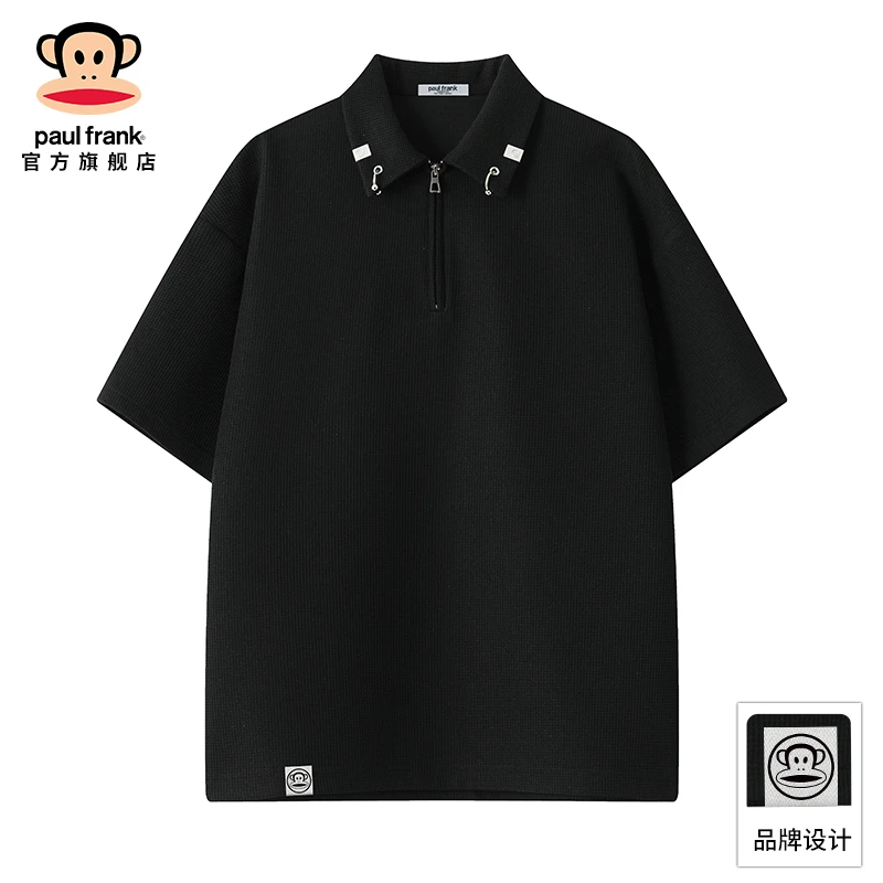 Paul Frank/大嘴猴薄款黑色POLO衫男士短袖夏季休闲宽松半拉链T恤