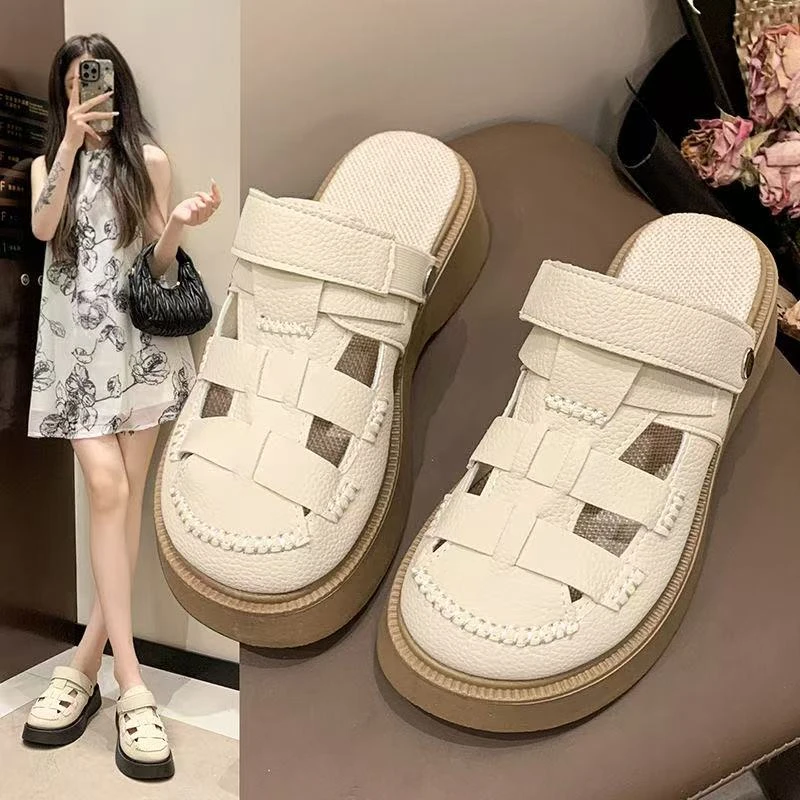 简约两穿镂空包头凉鞋女款2025新款洞洞森系罗马鞋厚底半拖鞋