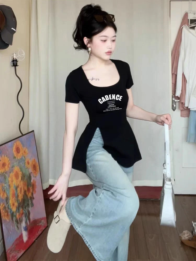 显瘦上衣黑色u领正肩短袖t恤女夏2025新款爆款设计感小众独特别致