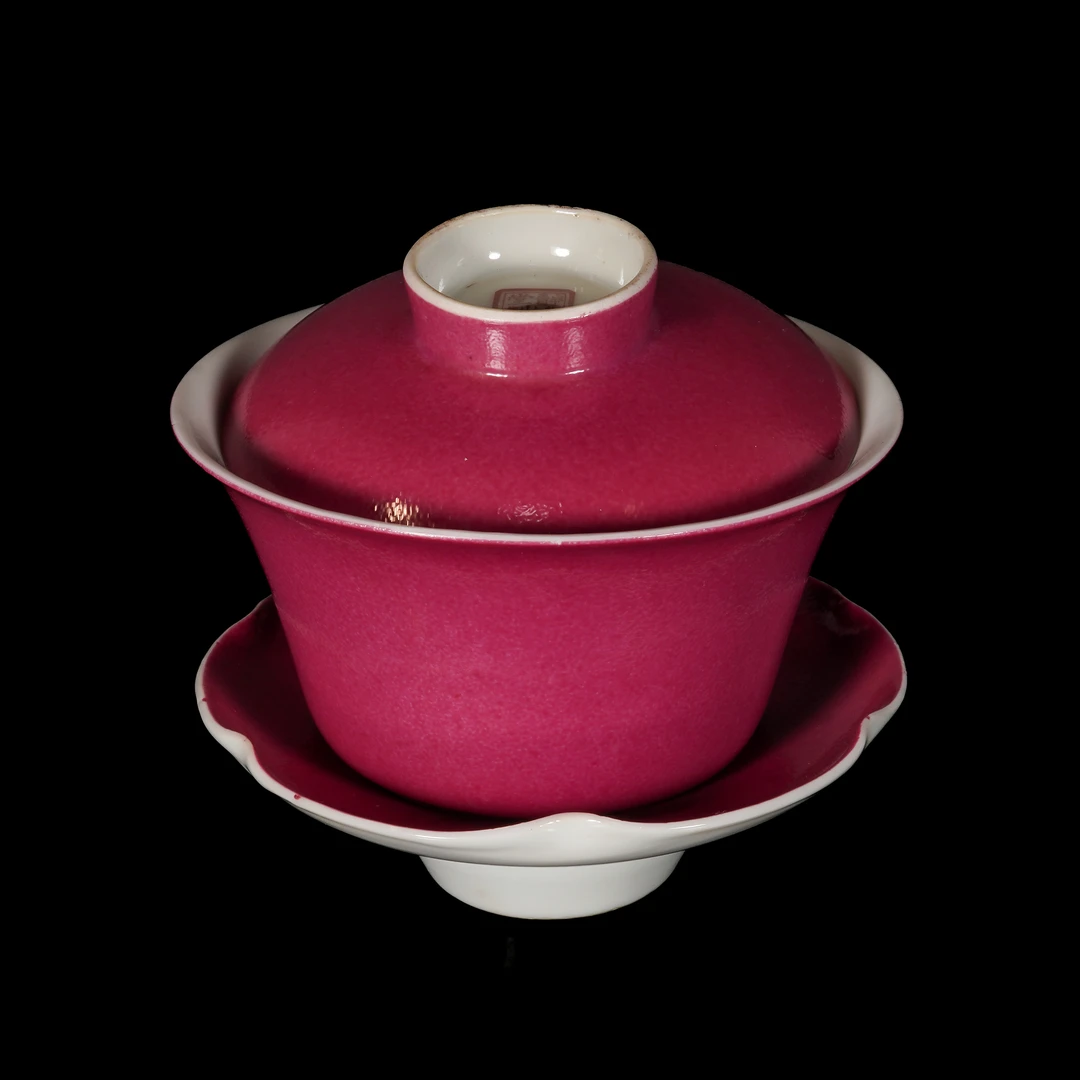 民国胭脂红釉三才盖碗/C602