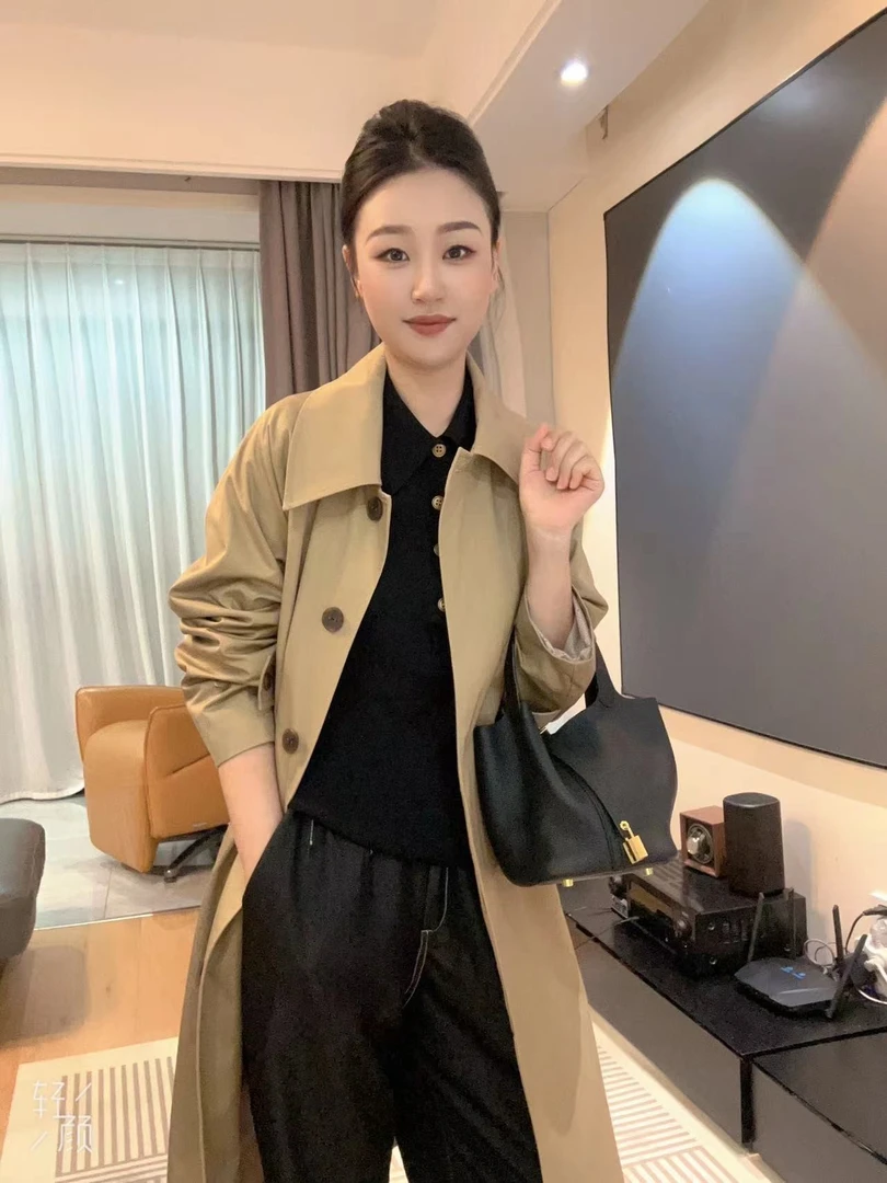 秋季时尚气质休闲百搭中长款卡其色女士风衣
