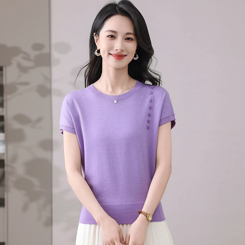 夏季100%天丝女士圆领宽松显瘦套头百搭减龄短款时尚短袖针织衫