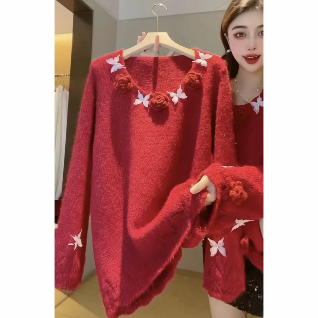 新年红立体山茶花搭配灵动蝴蝶针织毛衣秋冬新款韩版宽松针织衫