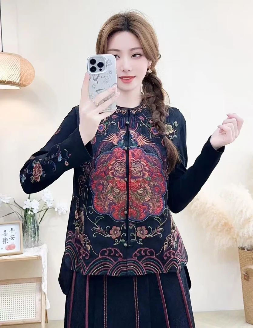 MYSG2025秋季新款新中式国风刺绣花圆领马甲女宽松显瘦百搭上衣女