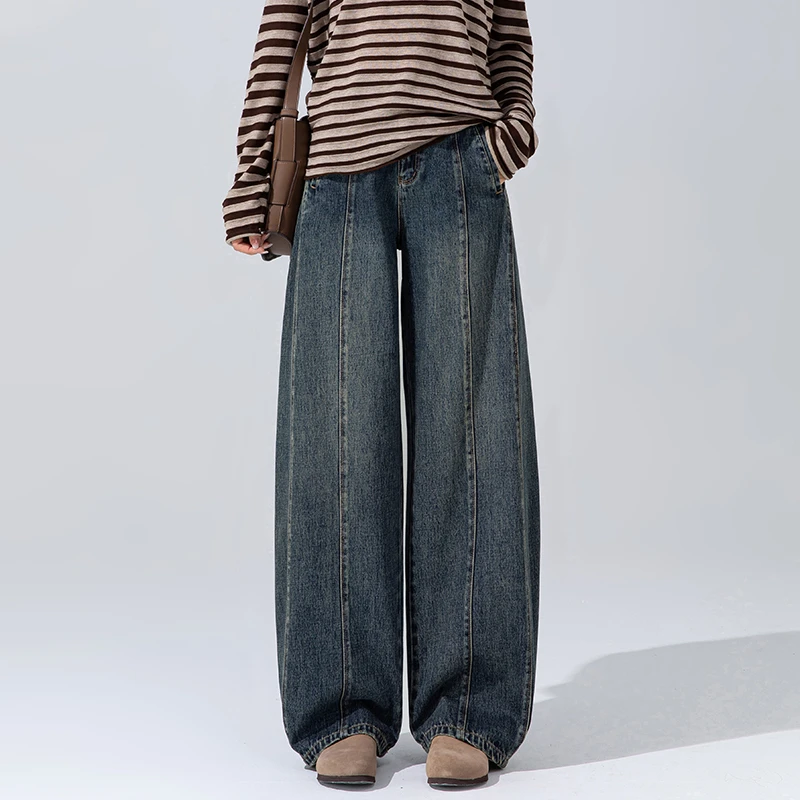 港风复古蓝牛仔裤女2025新款秋季慵懒风梧桐裤特别有设计感的裤子