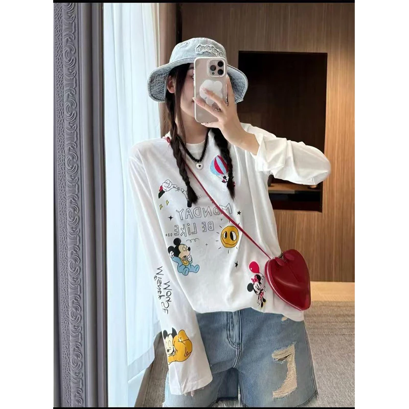 【现货送运费险】夏款慵懒风长袖卡通字母印花薄款雪花棉防晒T恤女