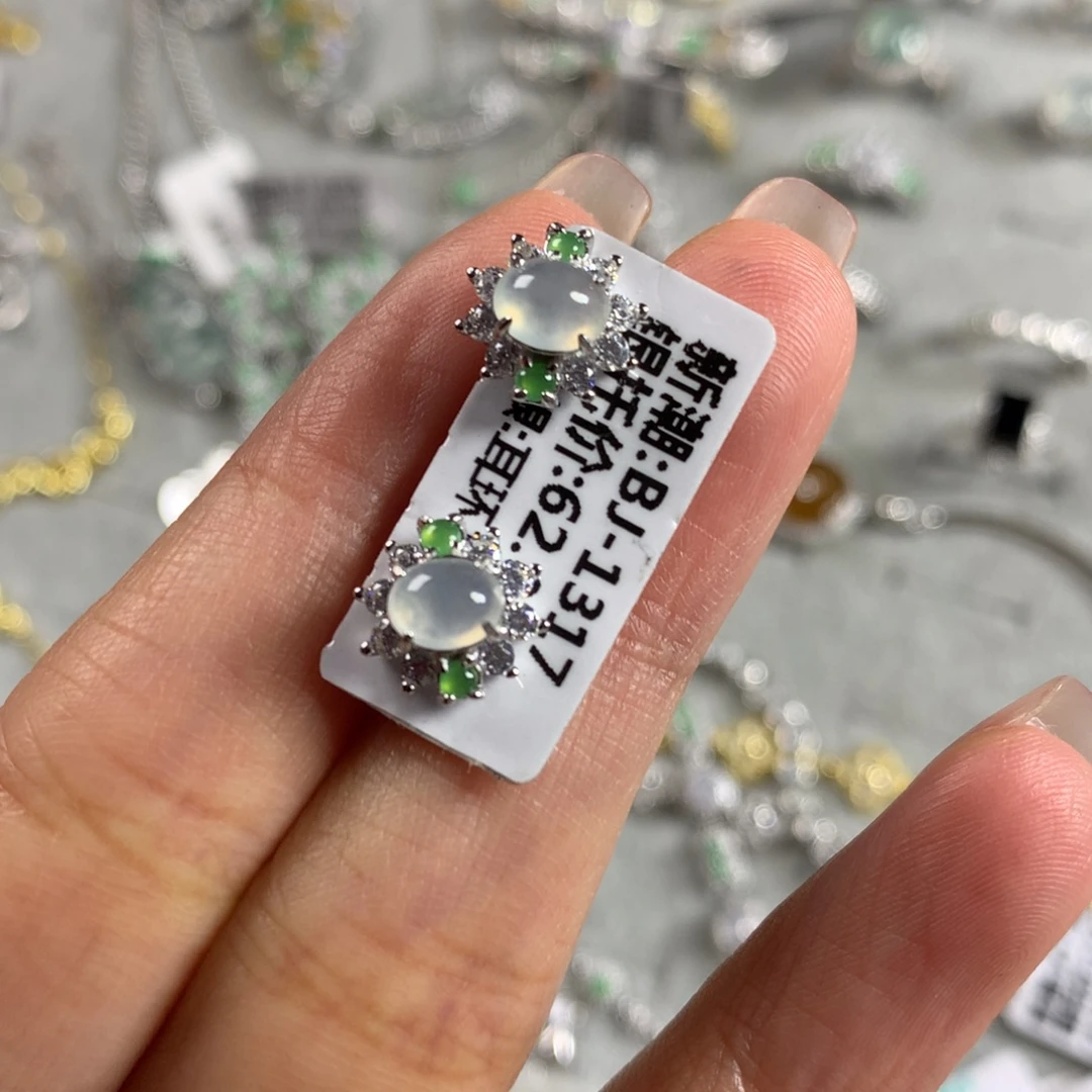 翡翠银S925镶嵌戒指耳钉