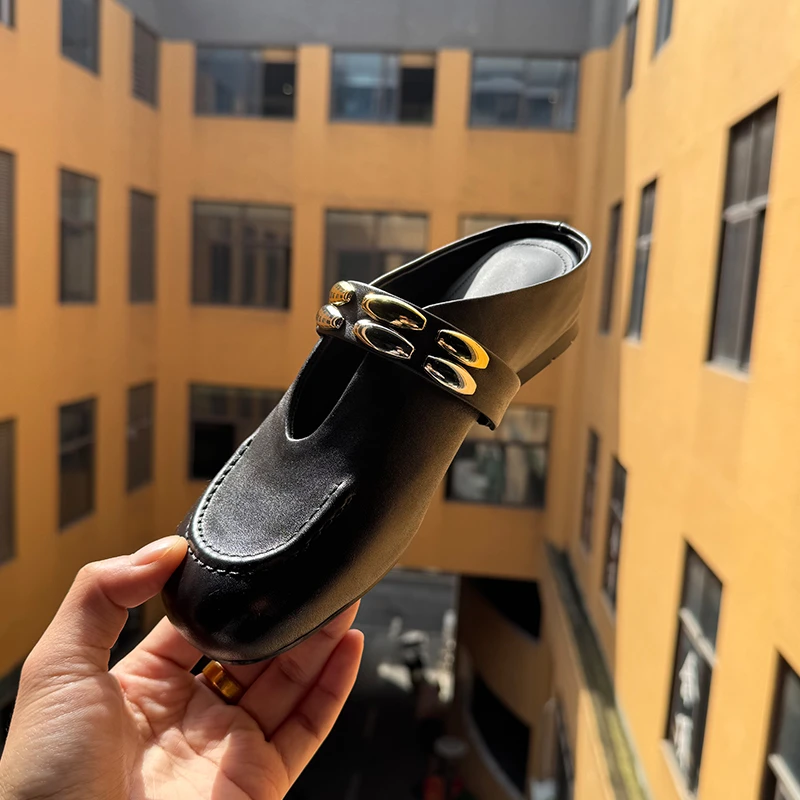 4cm/坡跟包头半拖鞋女时尚外穿软底软面圆头学院风百搭皮拖鞋女40