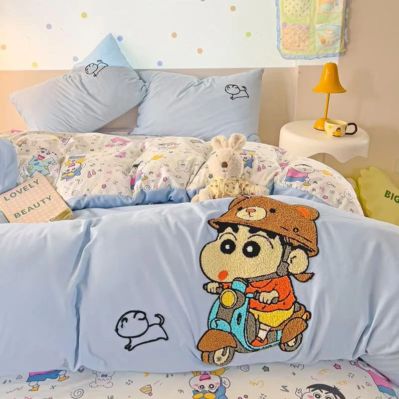 新款卡通可爱蜡笔小新超软云朵棉四件套单人学生宿舍三件套床笠件