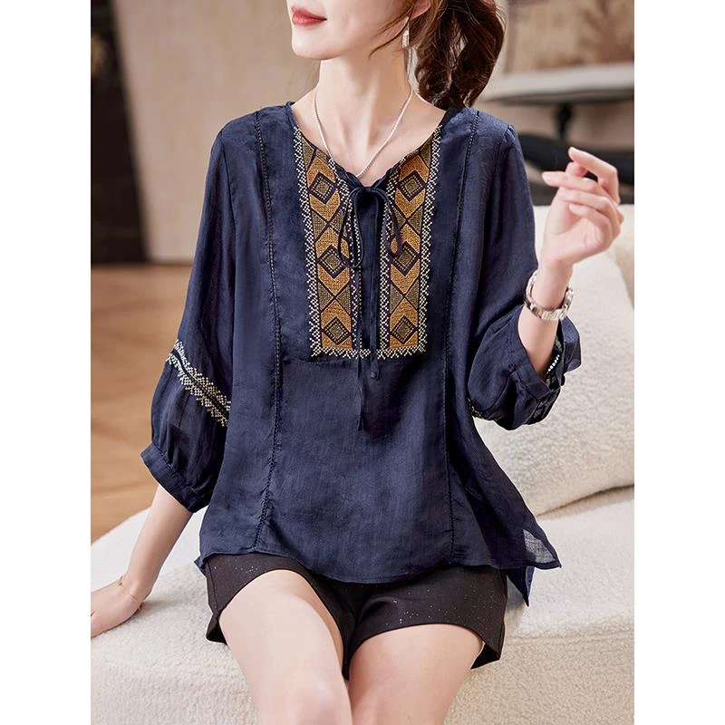 时尚小众七分袖系带刺绣衬衫女2025秋季苎麻文艺气质百搭减龄衬衣