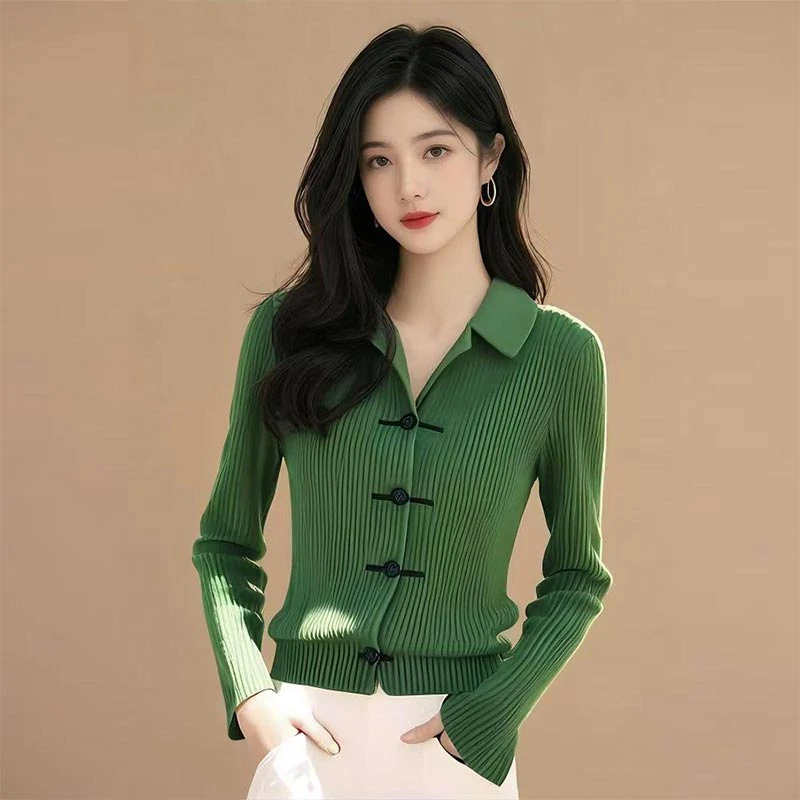 新中式盘扣针织开衫毛衣女2025年春秋季新款翻领修身百搭潮流上衣