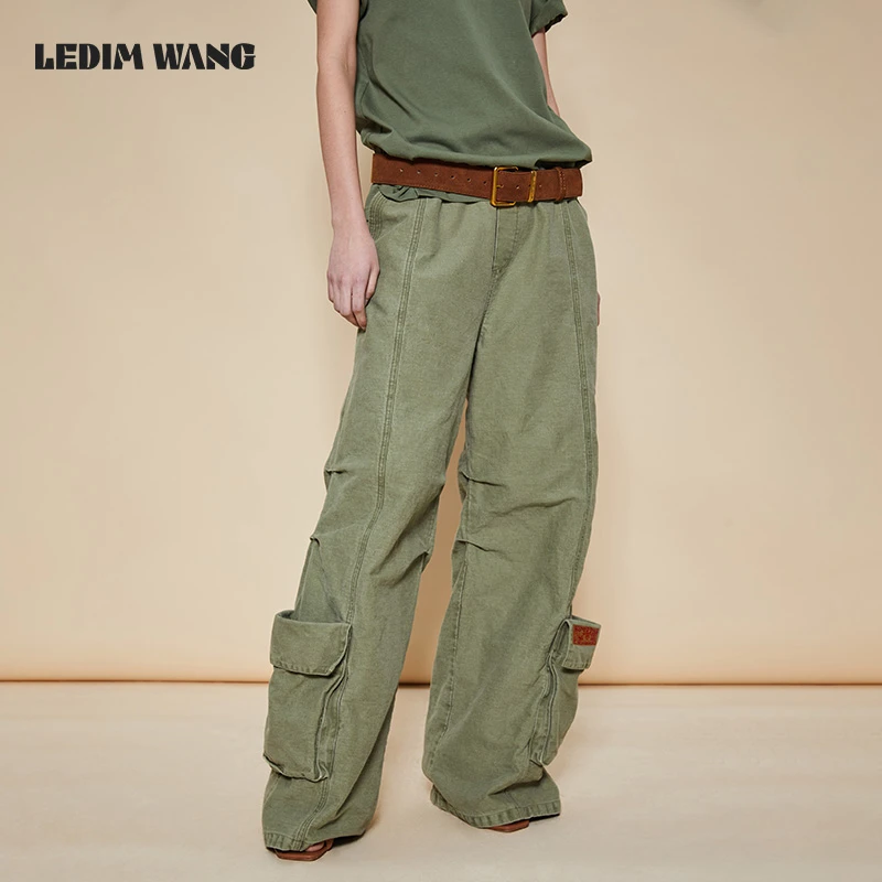 ledim wang丛林探险牛仔裤女松紧腰透气多口袋做旧工装裤新款
