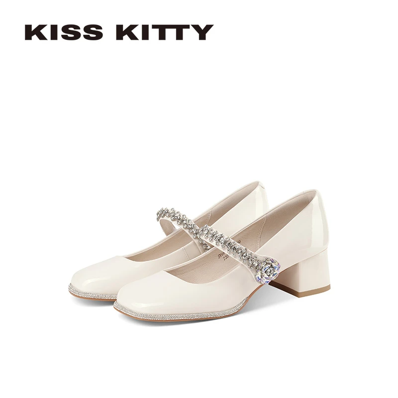 Kiss Kitty方头钻扣圆头玛丽珍鞋法式一字带粗跟单鞋温柔早春新款