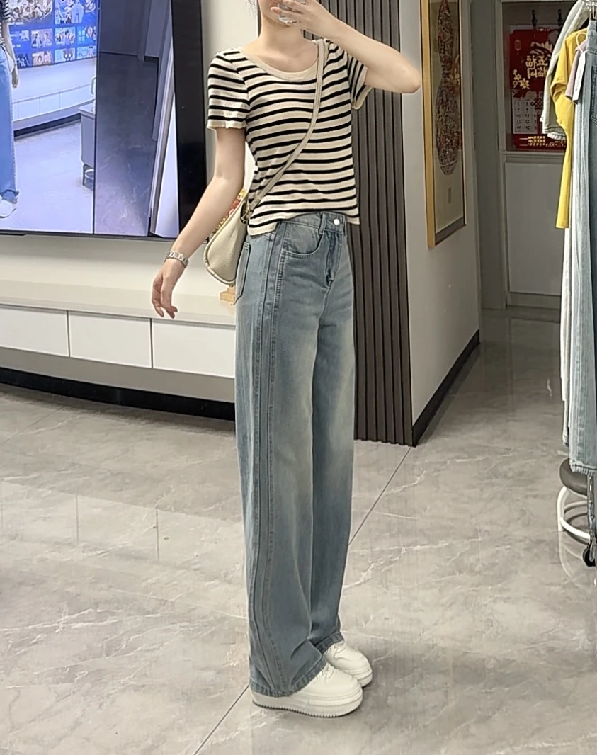 牙~窄版直筒牛仔裤女薄款显瘦直筒垂感拖地裤子02款流行网红女款