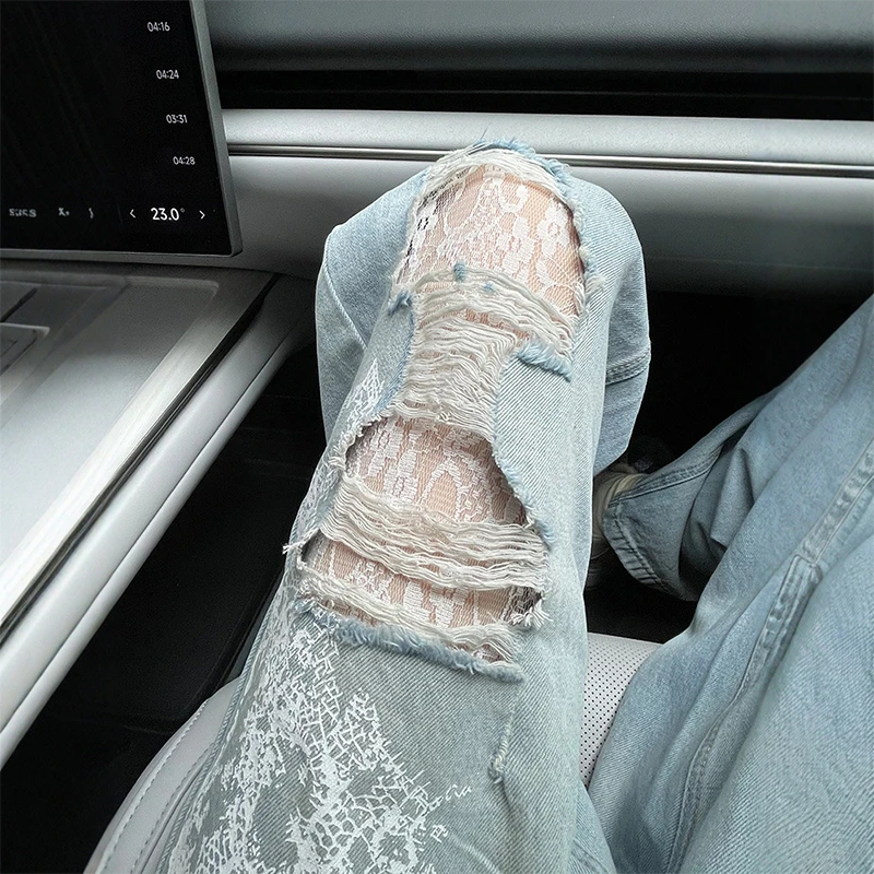 破洞蕾丝阔腿牛仔裤女2025春夏新款时尚设计宽松拖地裤【无腰带】