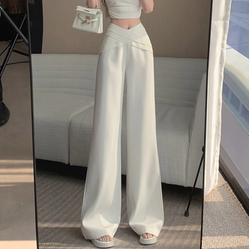 高级感白色西装阔腿裤女春季设计感交叉高腰裤时尚百搭拖地直筒裤