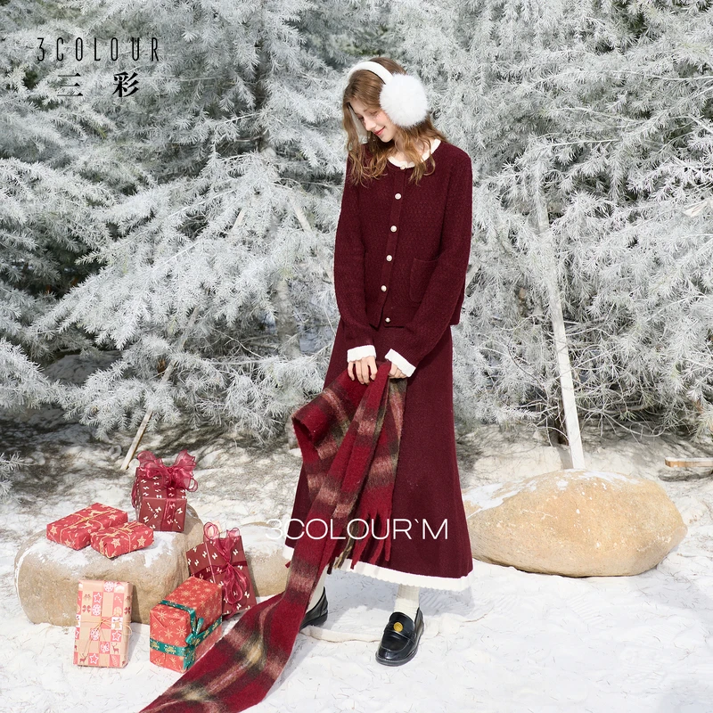 三彩2025冬季新款红色针织套装毛衫上衣半身裙两件套优雅M