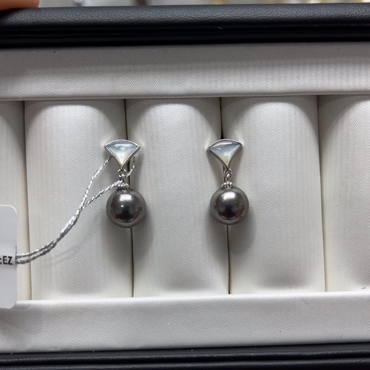 海水珍珠漏大溪地裙子耳坠8-9mm银S925镶嵌