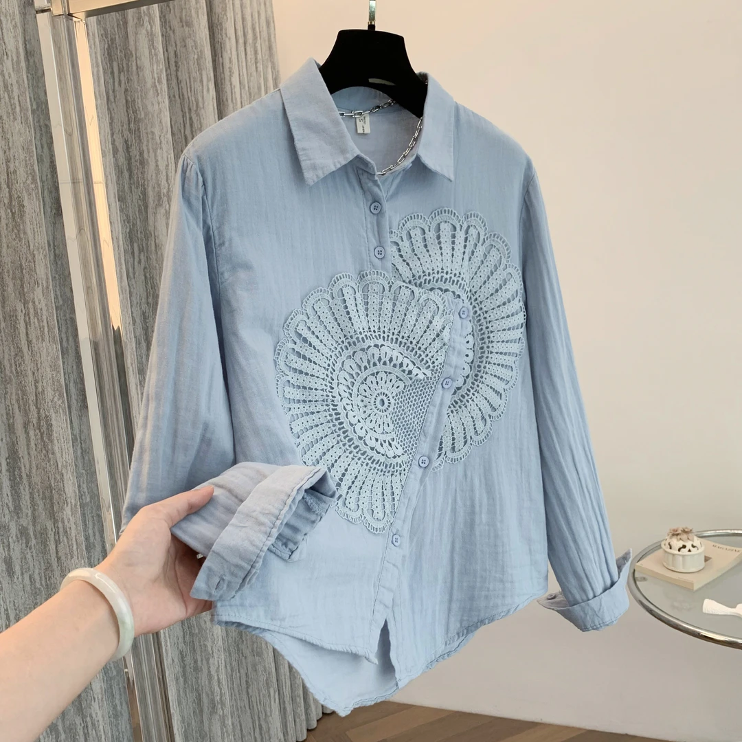 双层纱霸王花衬衫浅蓝色清新风长袖设计优雅百搭女士时尚必备外套