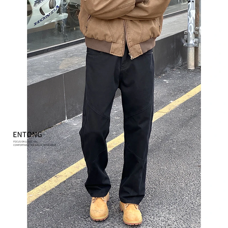 Entong美式高街vibe直筒牛仔裤男士复古黑色宽松cleanfit工装长裤