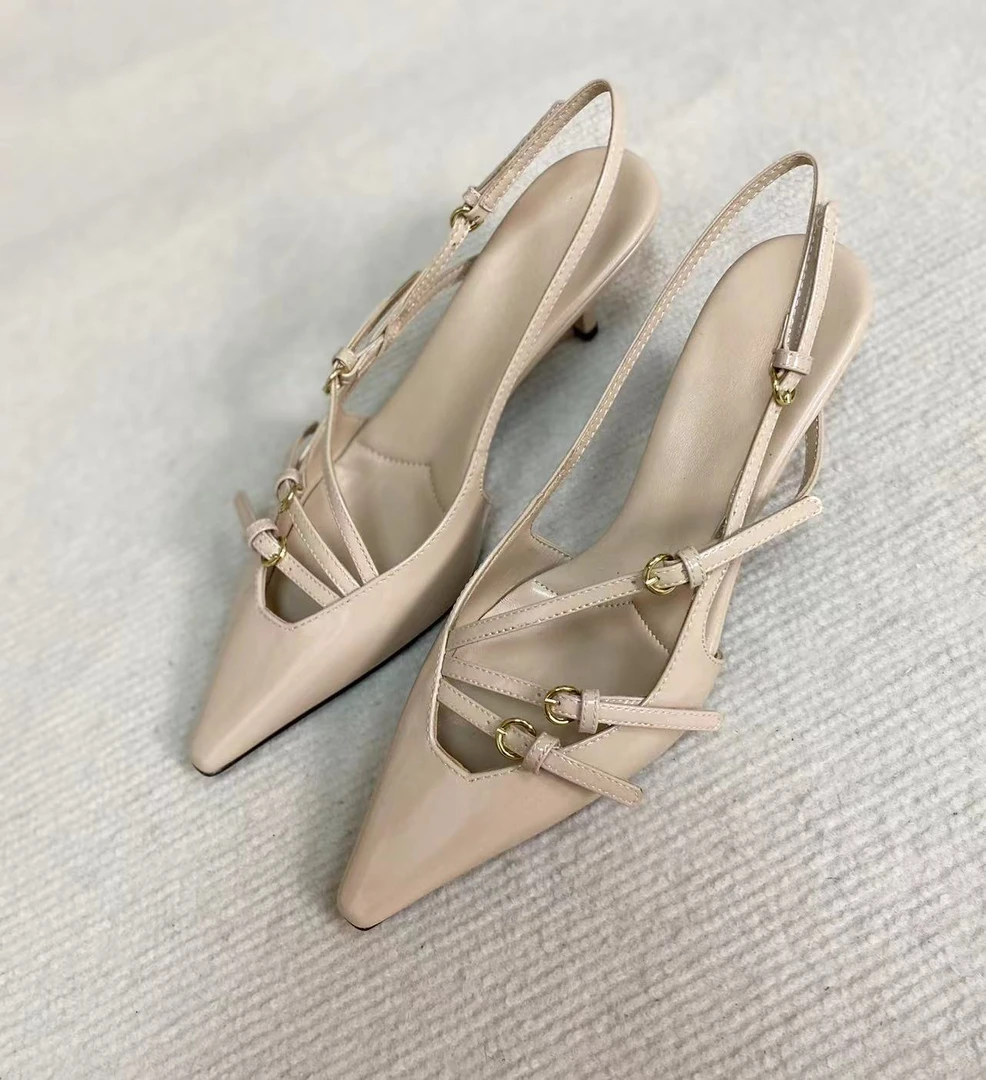 牛皮尖头细跟后绊带防滑时尚气质女士单鞋包头高跟