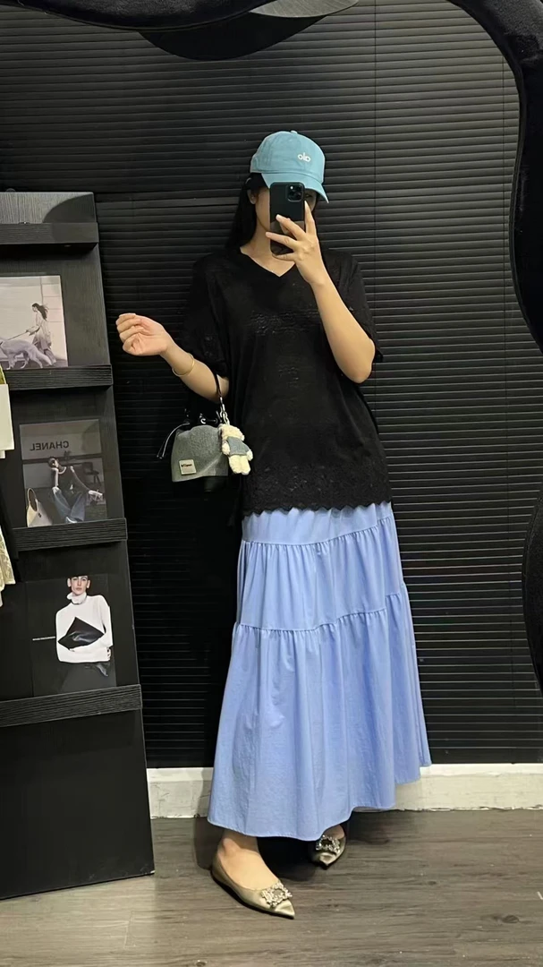 7895拼接不规则镂空蕾丝下摆t恤衫女士夏款松弛感宽松显瘦上衣