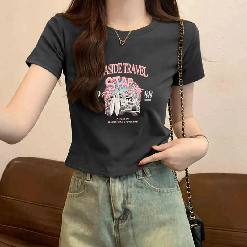 美式正肩t恤女短袖2025夏季新款修身显瘦印花爆款洋气上衣短款潮