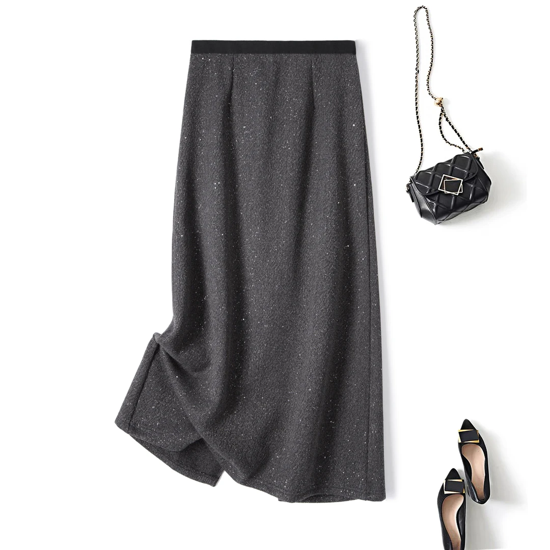 奥·邦奴 大码秋冬设计感亮片毛呢半身裙胖mm高腰显瘦包臀a字裙