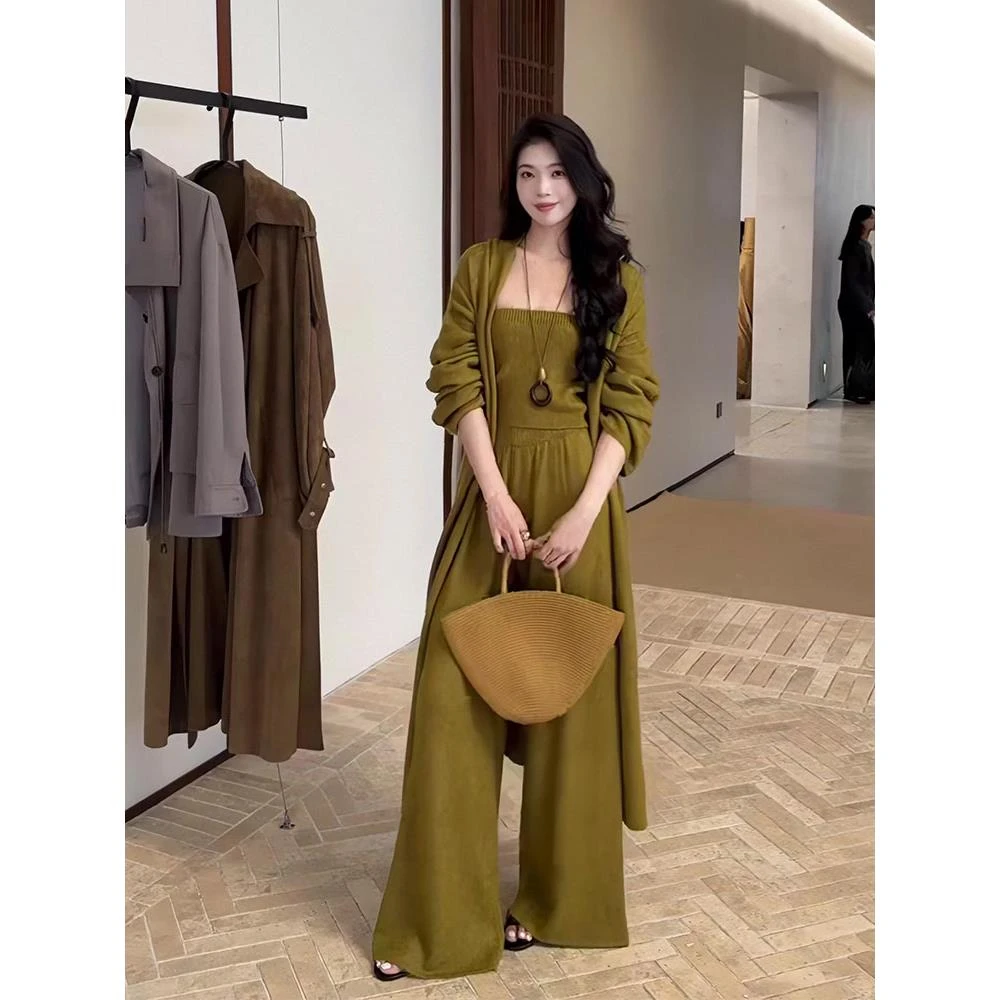 【下单发货模特原版】韩系开衫毛衣女长款外套背心针织长裤三件套